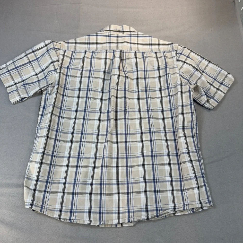 Wrangler Authentics Shirt Men's Large Tan Blue‎ Plaid Button Down Short Sleeve